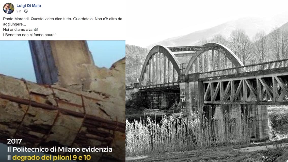 Di Maio pubblica video su crollo del Morandi, ma in una delle “foto prova” non è il ponte di Genova ma uno in Toscana