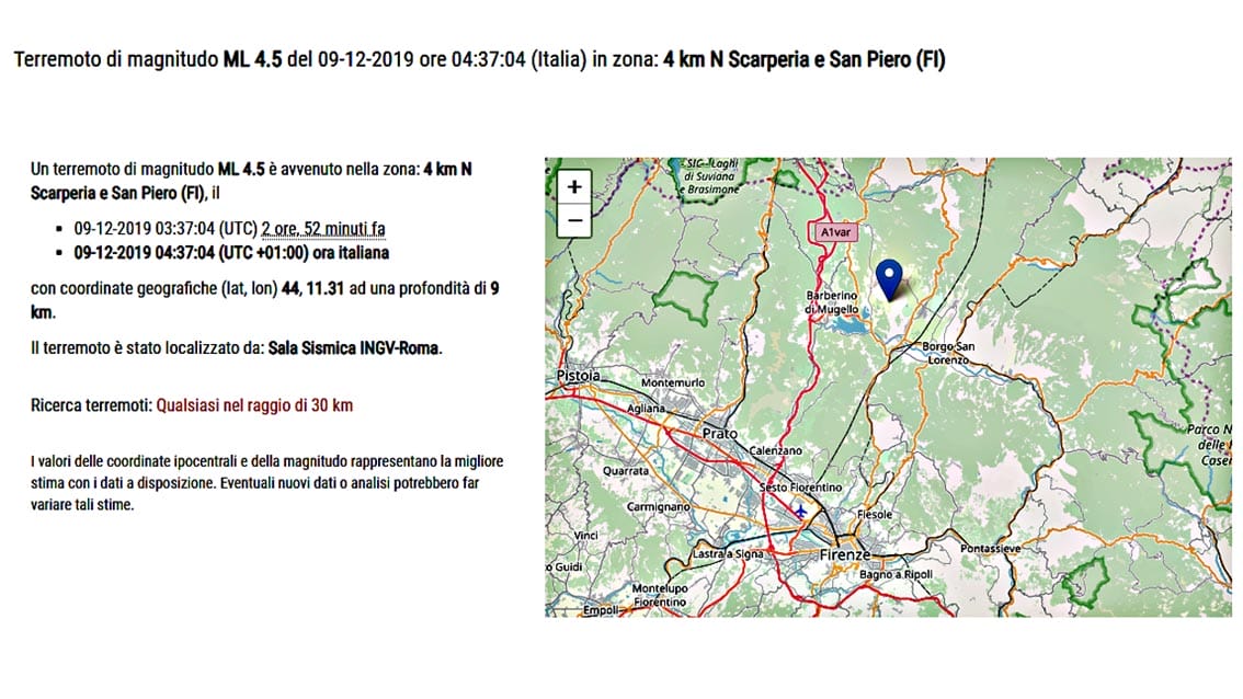 Terremoto 4.5 magnitudo in provincia di Firenze