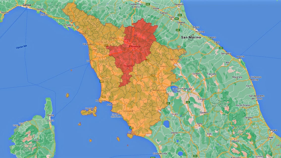 Toscana zona arancione, Firenze, Prato ed altre aree zona rossa