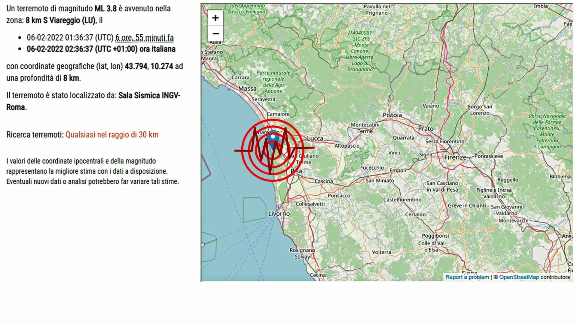 Viareggio, scossa di terremoto di magnitudo 3.8
